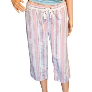 Wm Linen Blend Striped Capri Sz M Lagenlook Coastal Grandma Loose Fit Spring